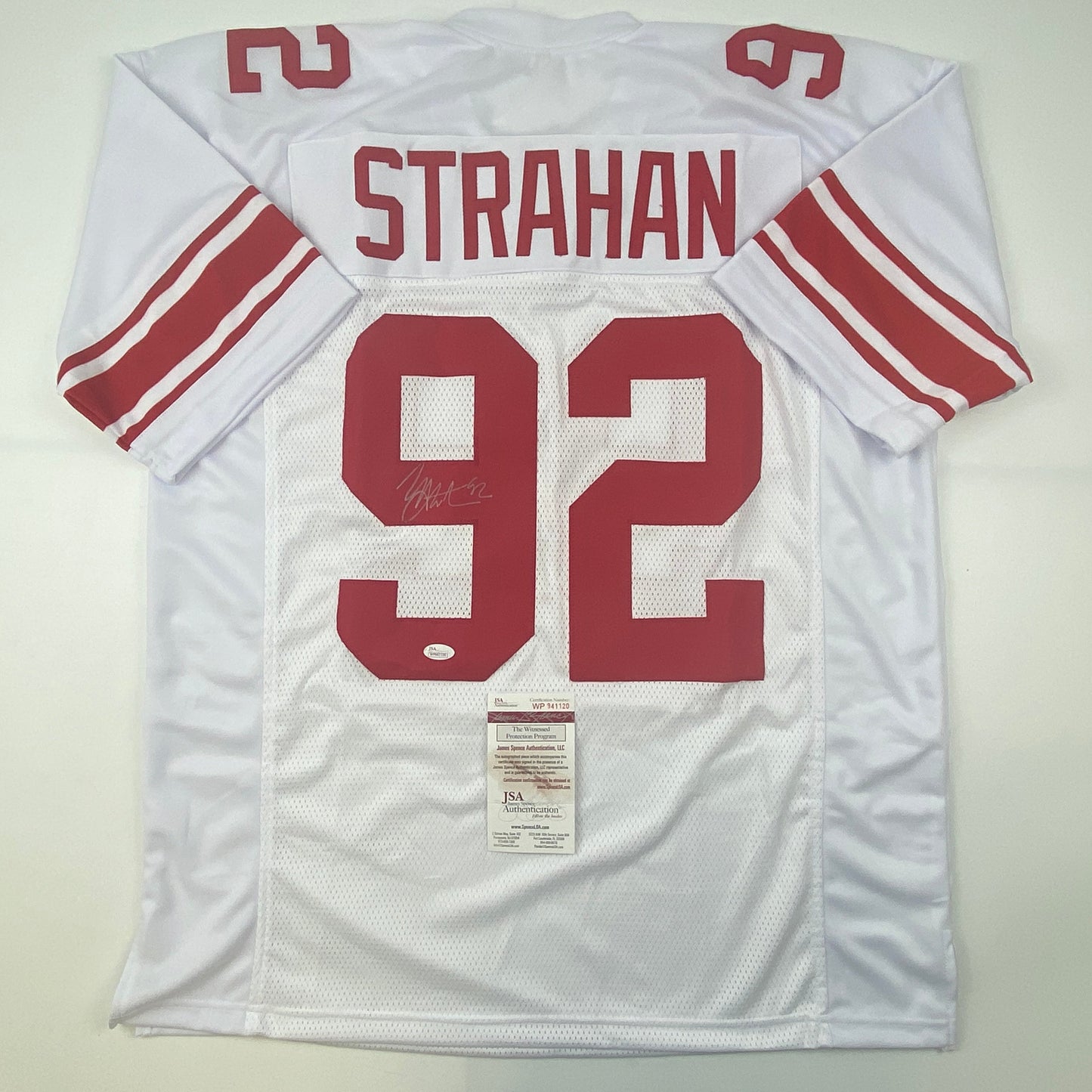 Autographed/Signed Michael Strahan New York White Football Jersey JSA COA
