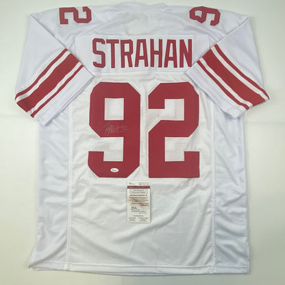 Autographed/Signed Michael Strahan New York White Football Jersey JSA COA