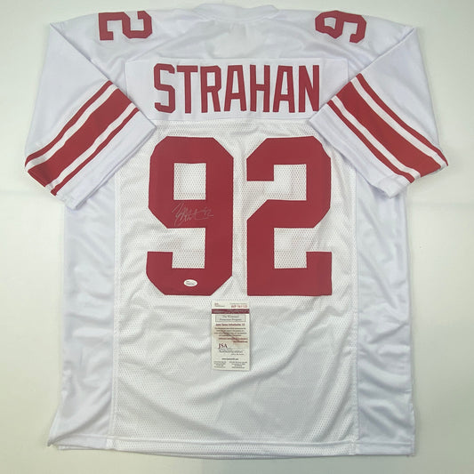 Autographed/Signed Michael Strahan New York White Football Jersey JSA COA