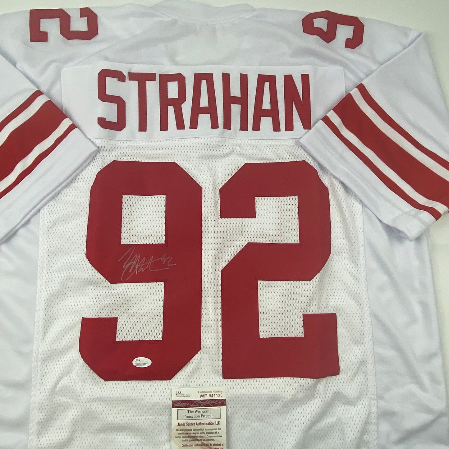 Autographed/Signed Michael Strahan New York White Football Jersey JSA COA