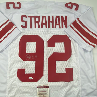Autographed/Signed Michael Strahan New York White Football Jersey JSA COA