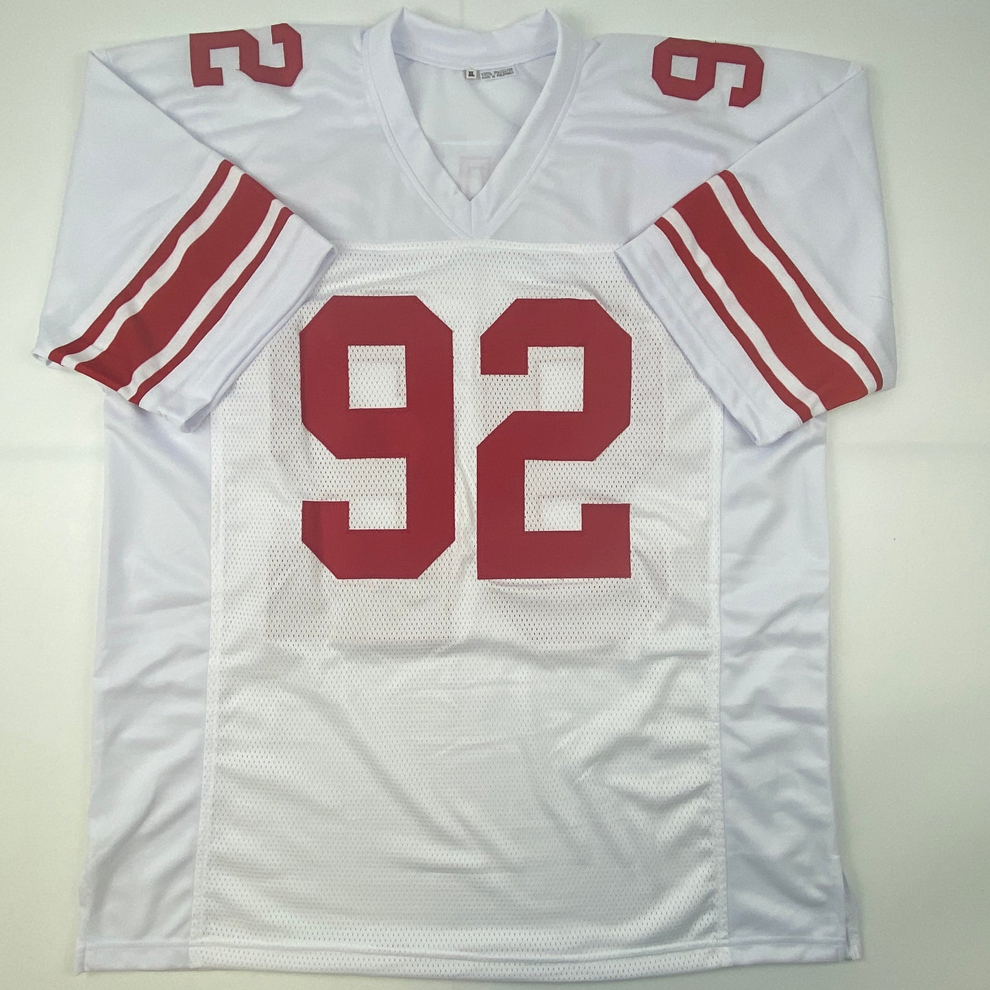 Autographed/Signed Michael Strahan New York White Football Jersey JSA COA