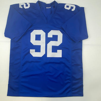Autographed/Signed Michael Strahan HOF 14 New York Blue Football Jersey JSA COA