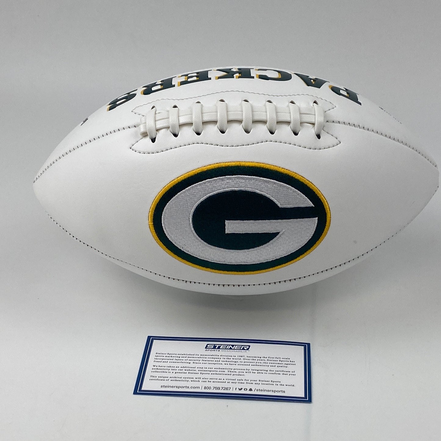 Autographed/Signed Aaron Rodgers Green Bay Packers Full Size F/S White Panel Logo Football Steiner Sports COA