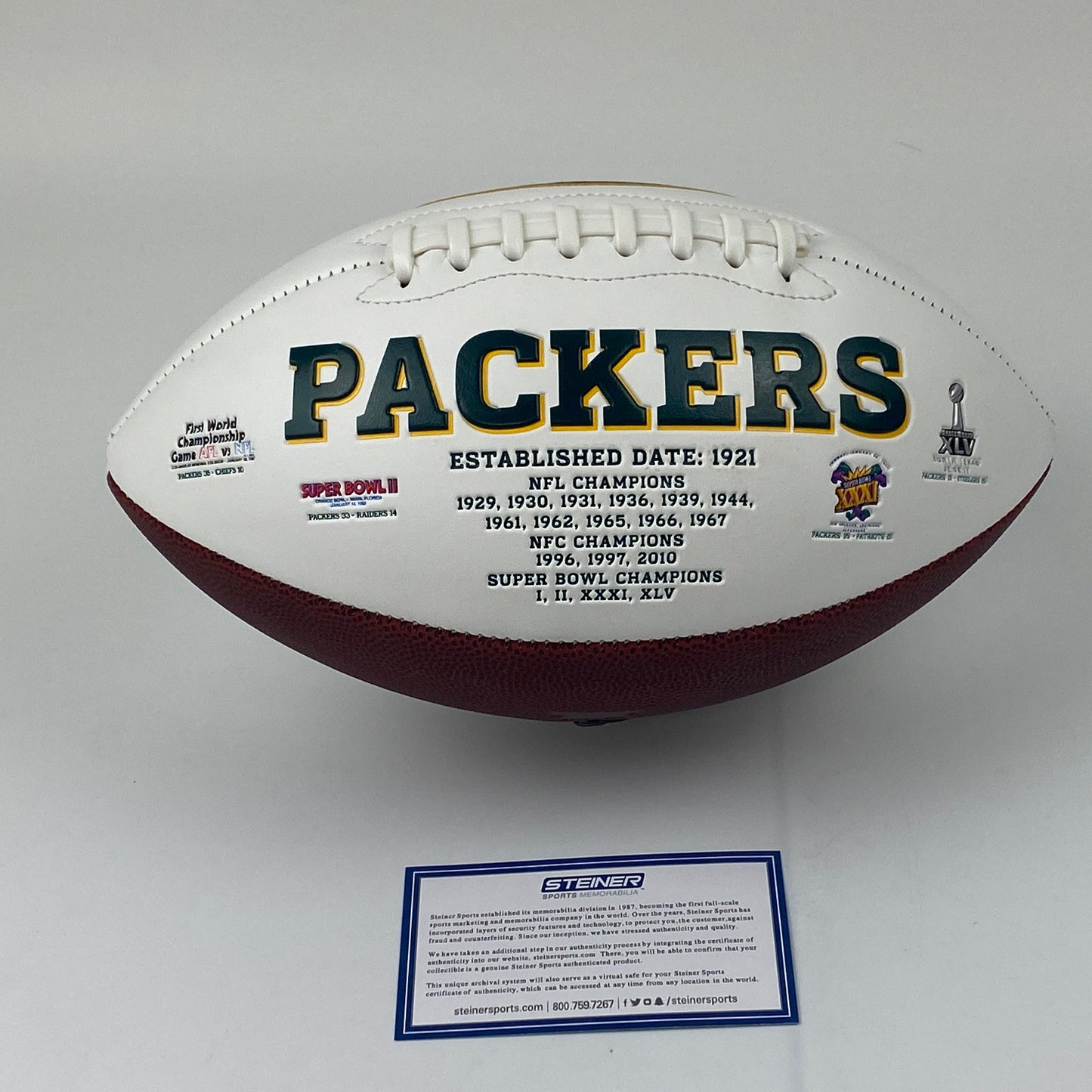 Autographed/Signed Aaron Rodgers Green Bay Packers Full Size F/S White Panel Logo Football Steiner Sports COA