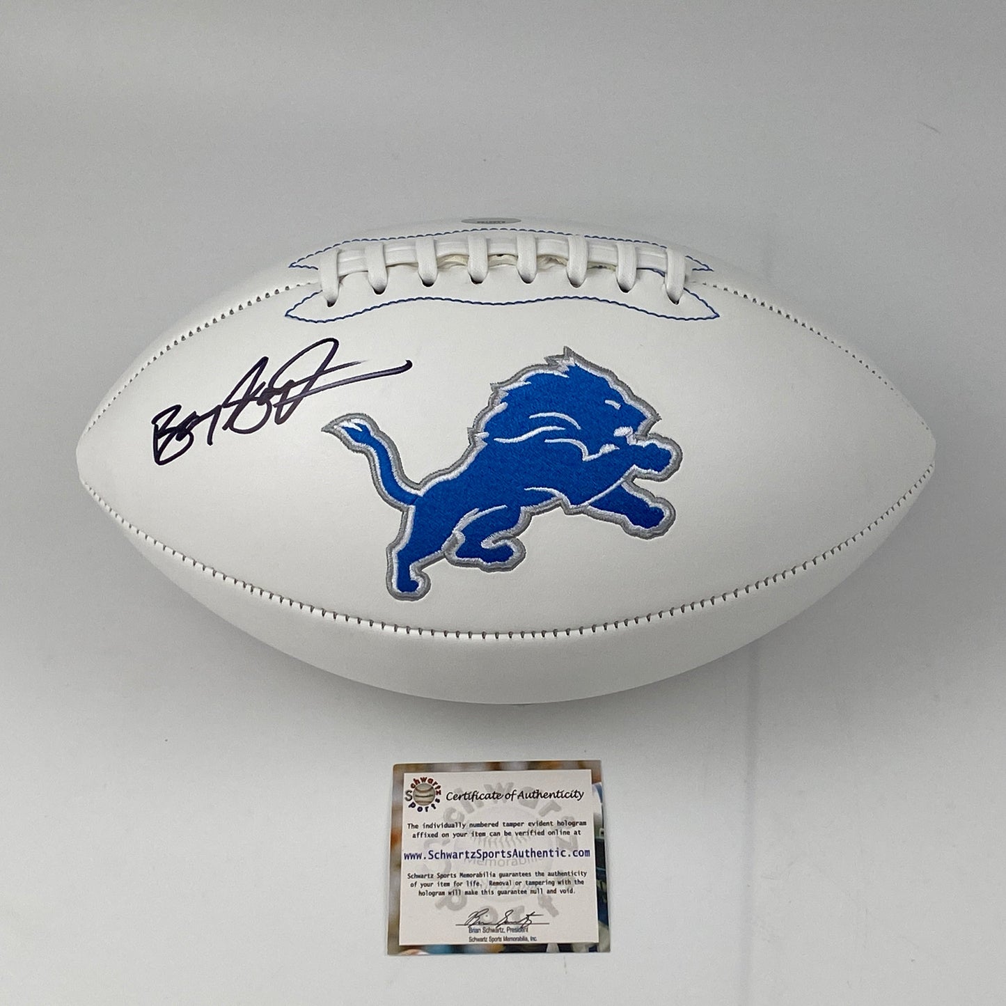 Autographed/Signed Barry Sanders Detroit Lions Full Size F/S White Panel Logo Football Schwartz COA