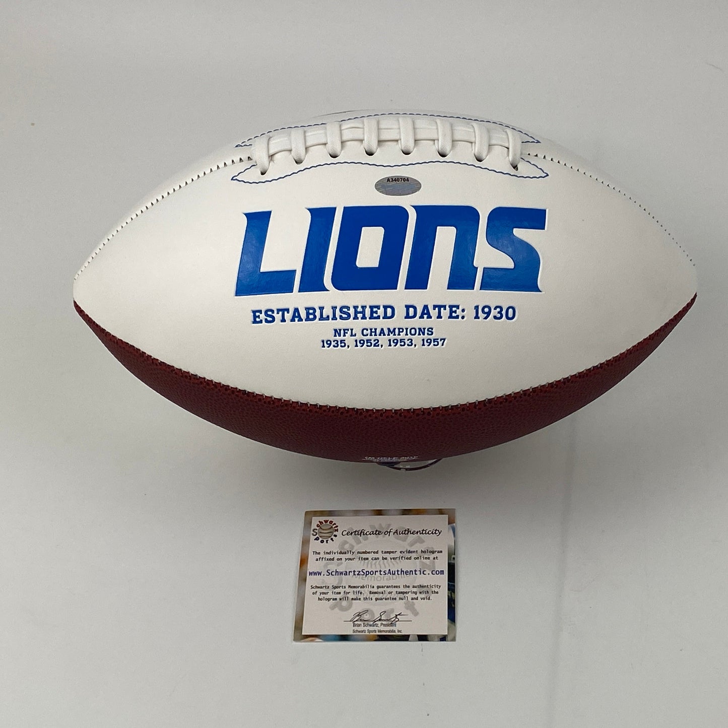 Autographed/Signed Barry Sanders Detroit Lions Full Size F/S White Panel Logo Football Schwartz COA