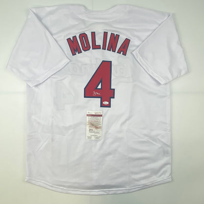 Autographed/Signed Yadier Molina St. Louis White Baseball Jersey JSA COA