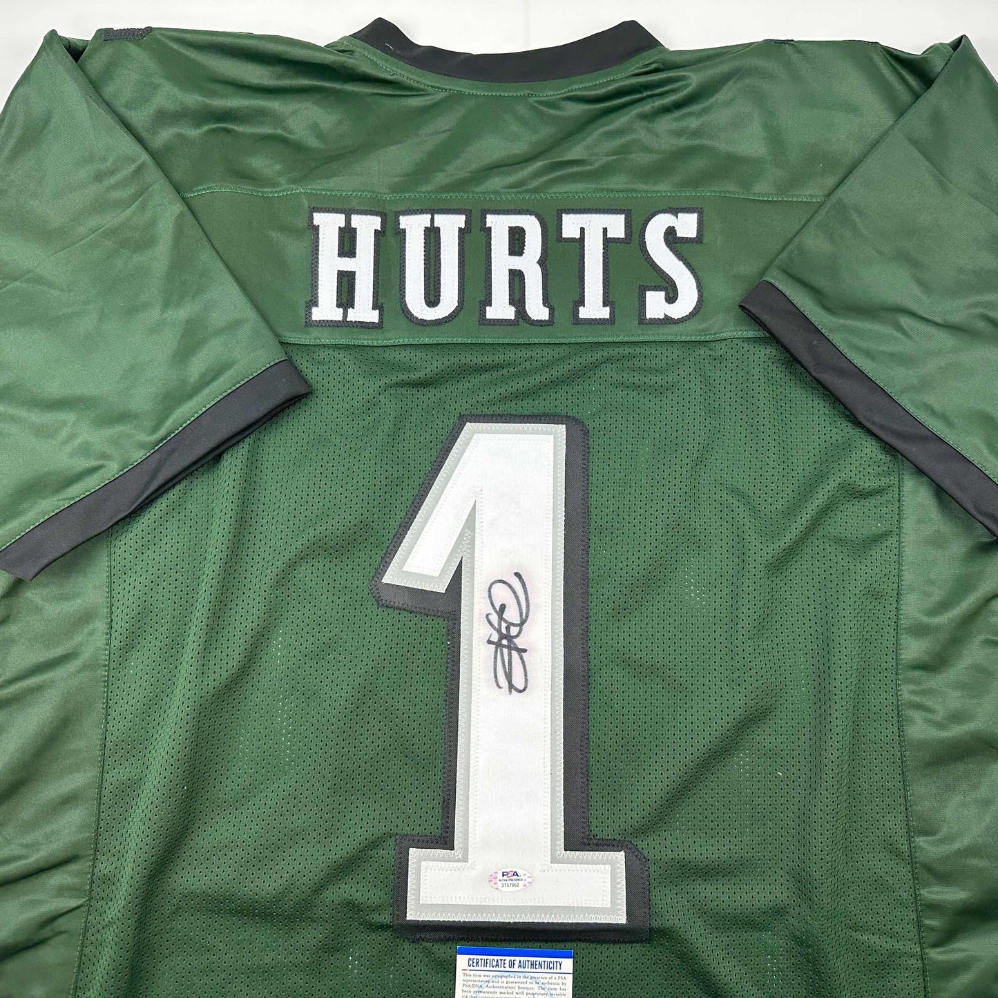 Autographed/Signed Jalen Hurts IMPERFECT #1 Philadelphia Green Football Jersey PSA/DNA COA