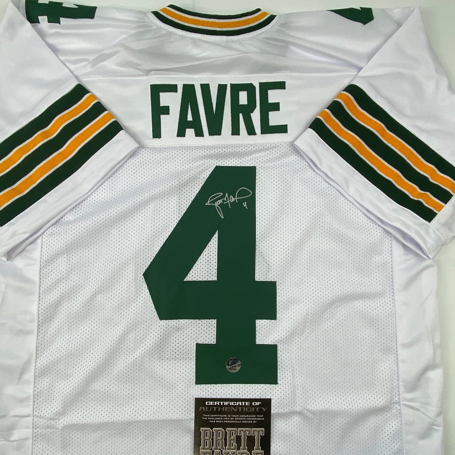 Autographed/Signed Brett Favre Green Bay White Football Jersey Favre Hologram COA