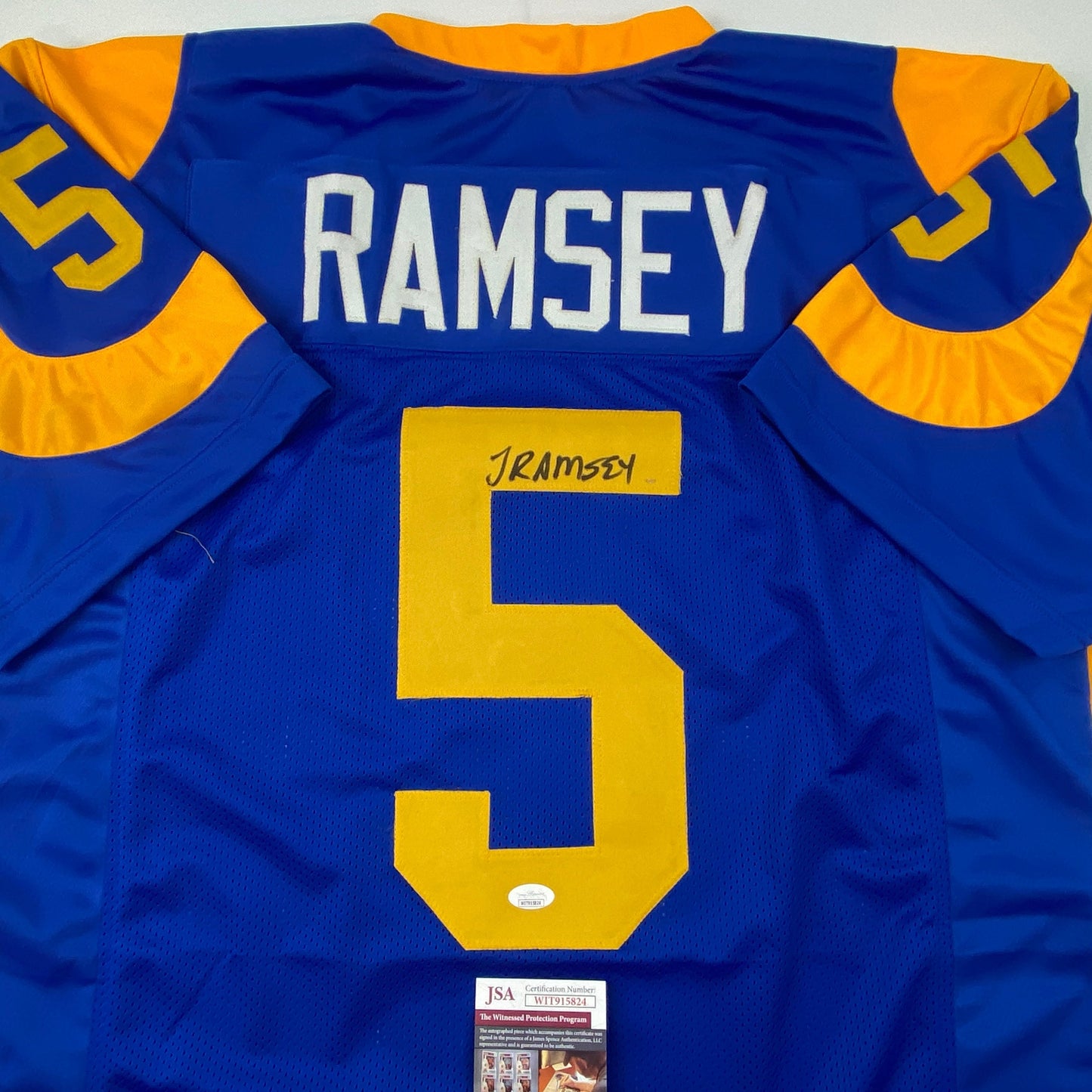 Autographed/Signed Jalen Ramsey Los Angeles LA Retro Blue Football Jersey JSA COA