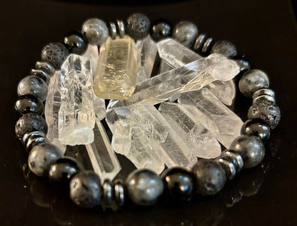 Men's Mystic Warrior Bracelet – Labradorite, Black Onyx & Lava Rock with Black Metal Spacers (Fits Large Wrists)