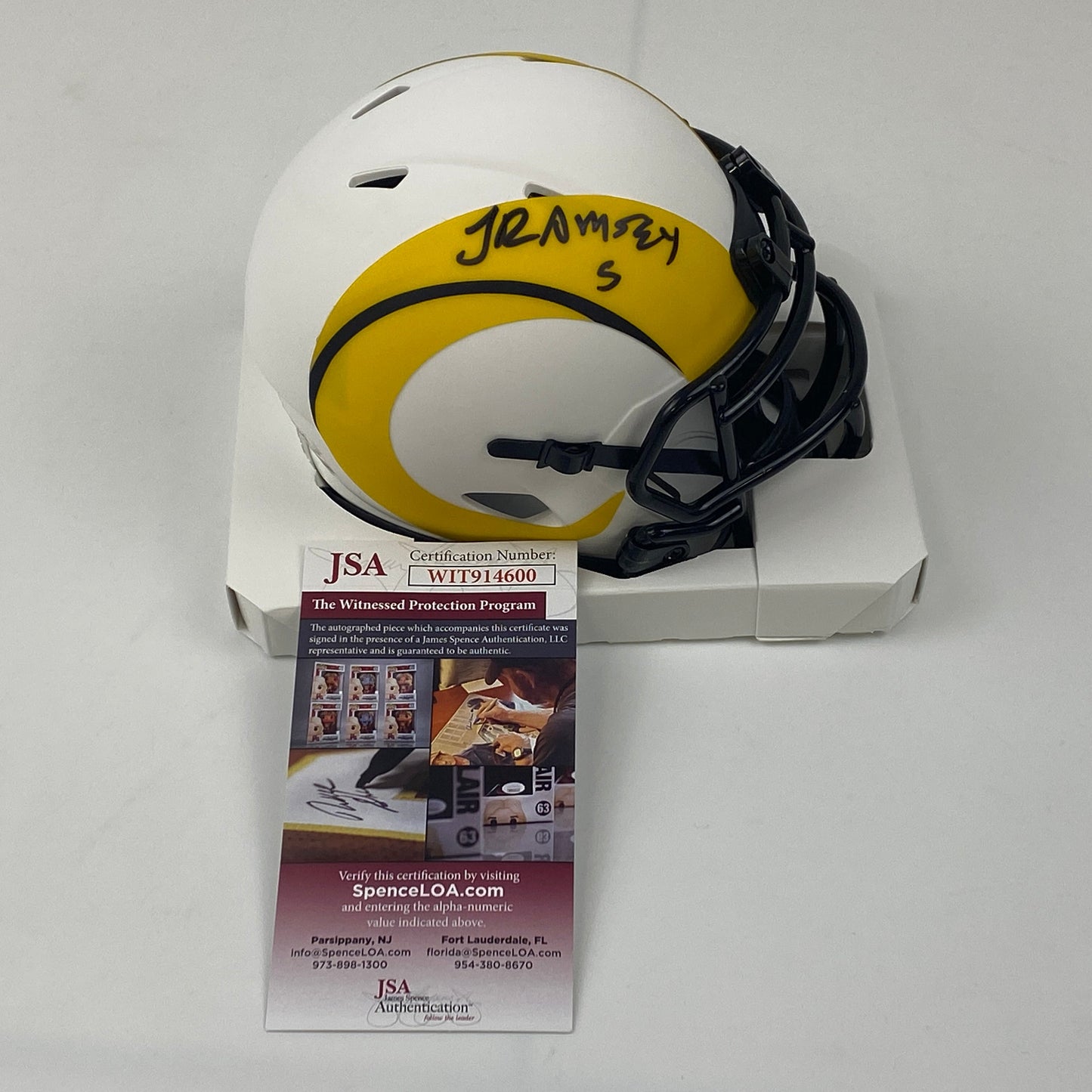 Autographed/Signed Jalen Ramsey Los Angeles Rams Lunar Eclipse Mini Football Helmet JSA COA