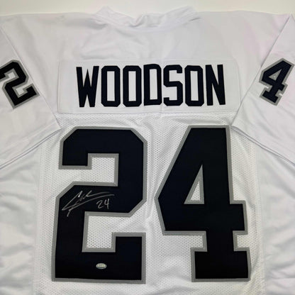 Autographed/Signed Charles Woodson Oakland White Football Jersey GTSM Holo COA