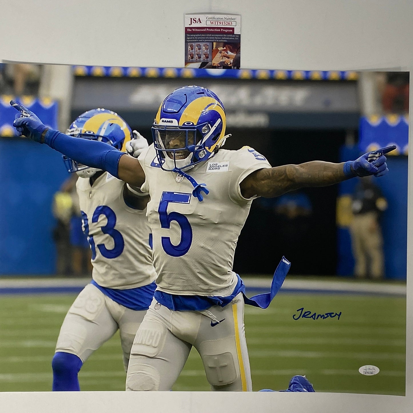 Autographed/Signed Jalen Ramsey Los Angeles LA Rams 16x20 Football Photo JSA COA #3