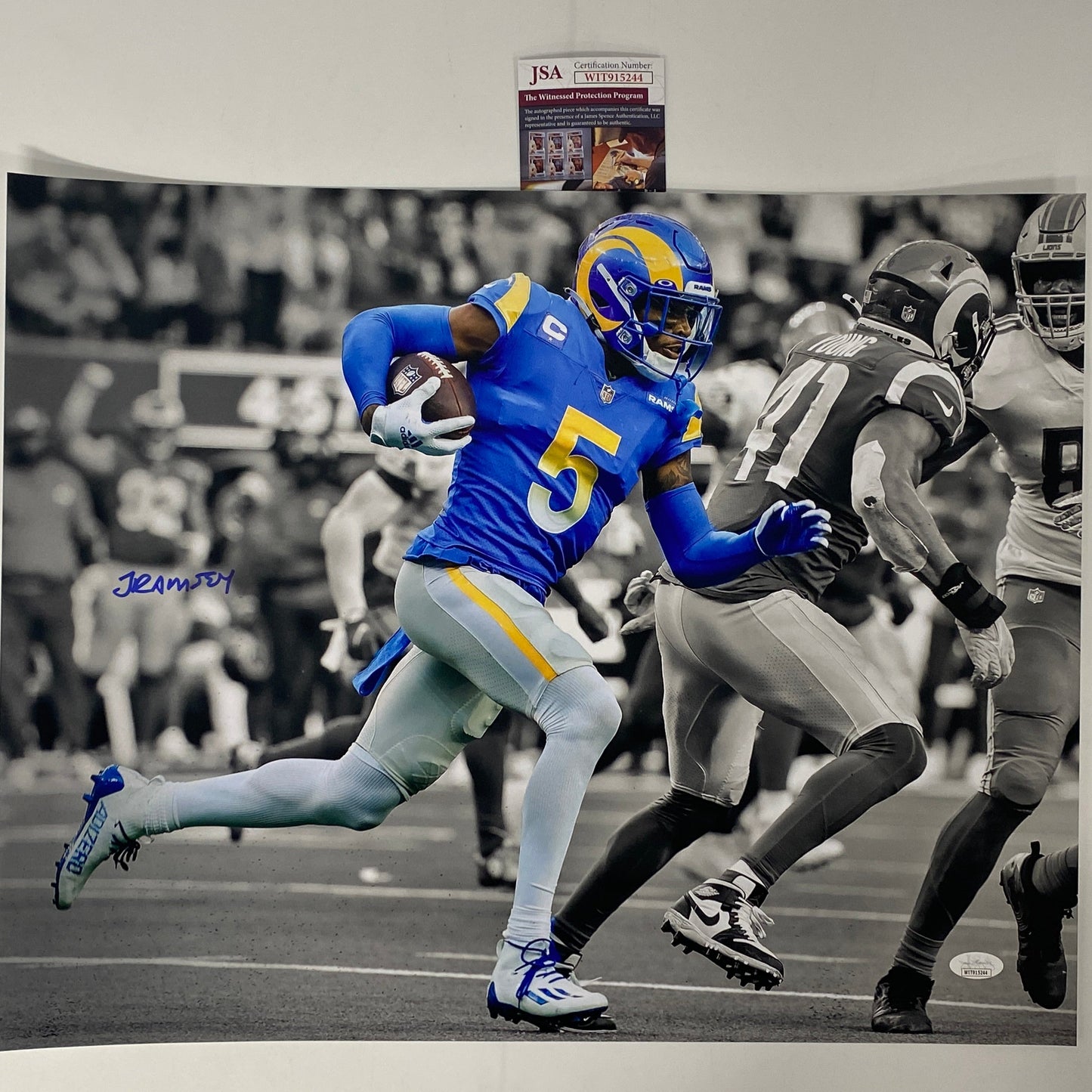Autographed/Signed Jalen Ramsey Los Angeles LA Rams 16x20 Football Photo JSA COA #2