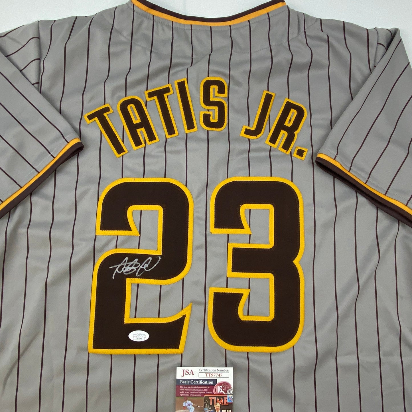 Autographed/Signed Fernando Tatis Jr. San Diego Grey Pinstripe Baseball Jersey JSA COA