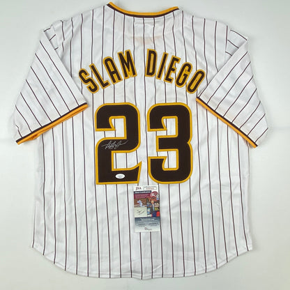 Autographed/Signed Fernando Tatis Jr. Slam Diego San Pinstripe Baseball Jersey JSA COA