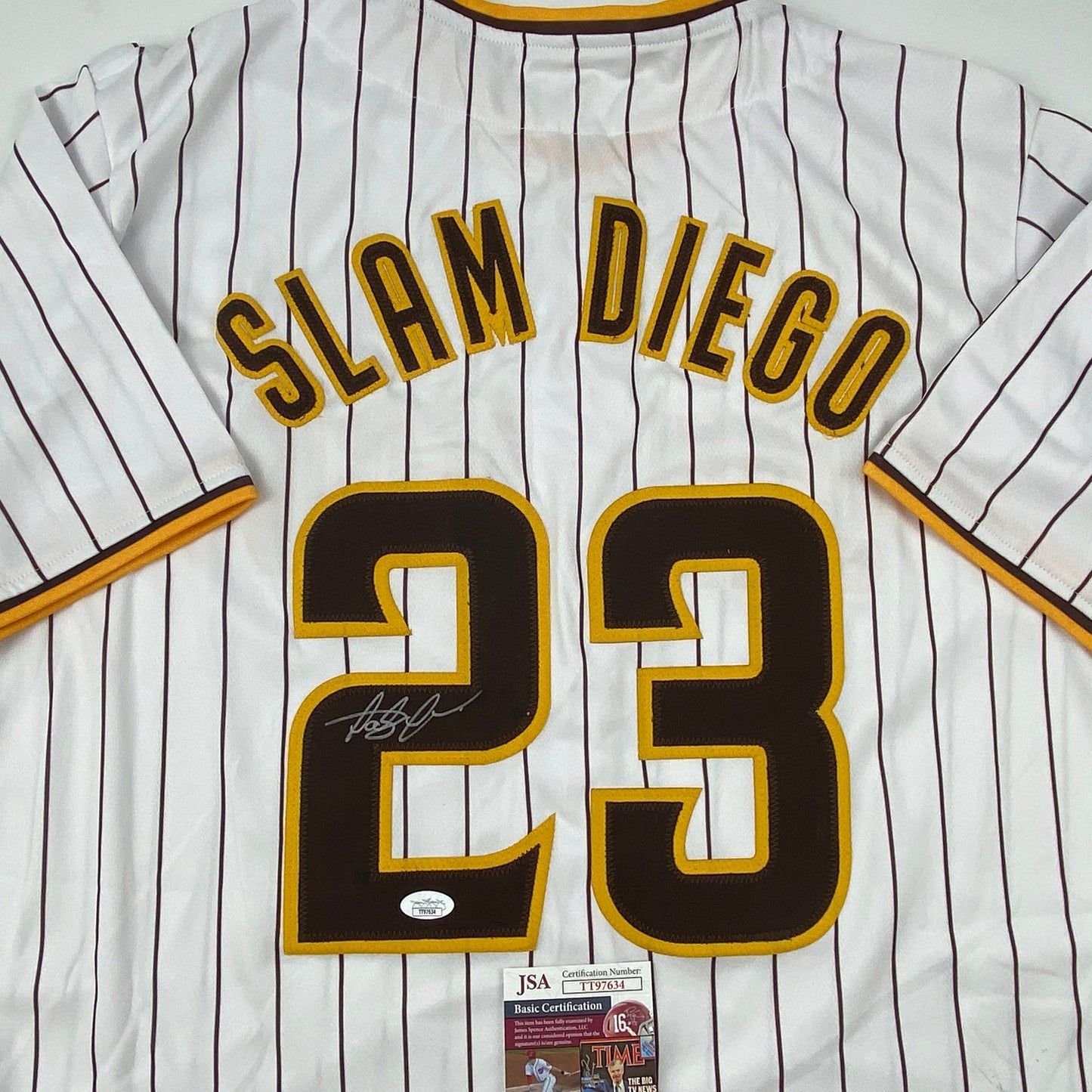 Autographed/Signed Fernando Tatis Jr. Slam Diego San Pinstripe Baseball Jersey JSA COA