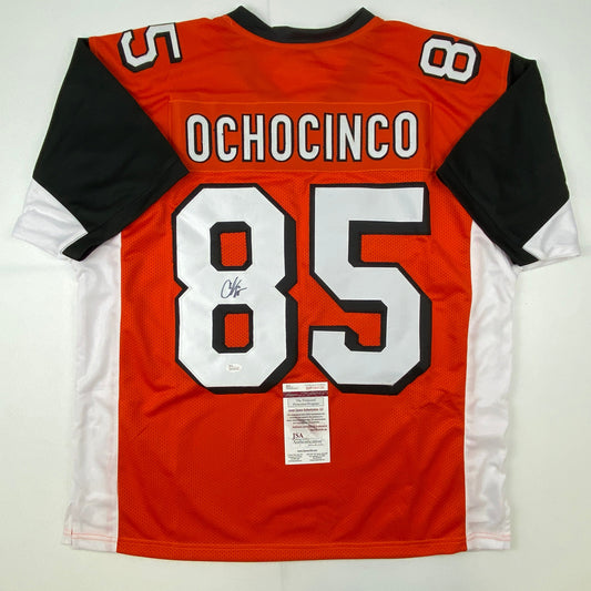 Autographed/Signed Chad Johnson Ochocinco Cincinnati Orange Retro Football Jersey JSA COA