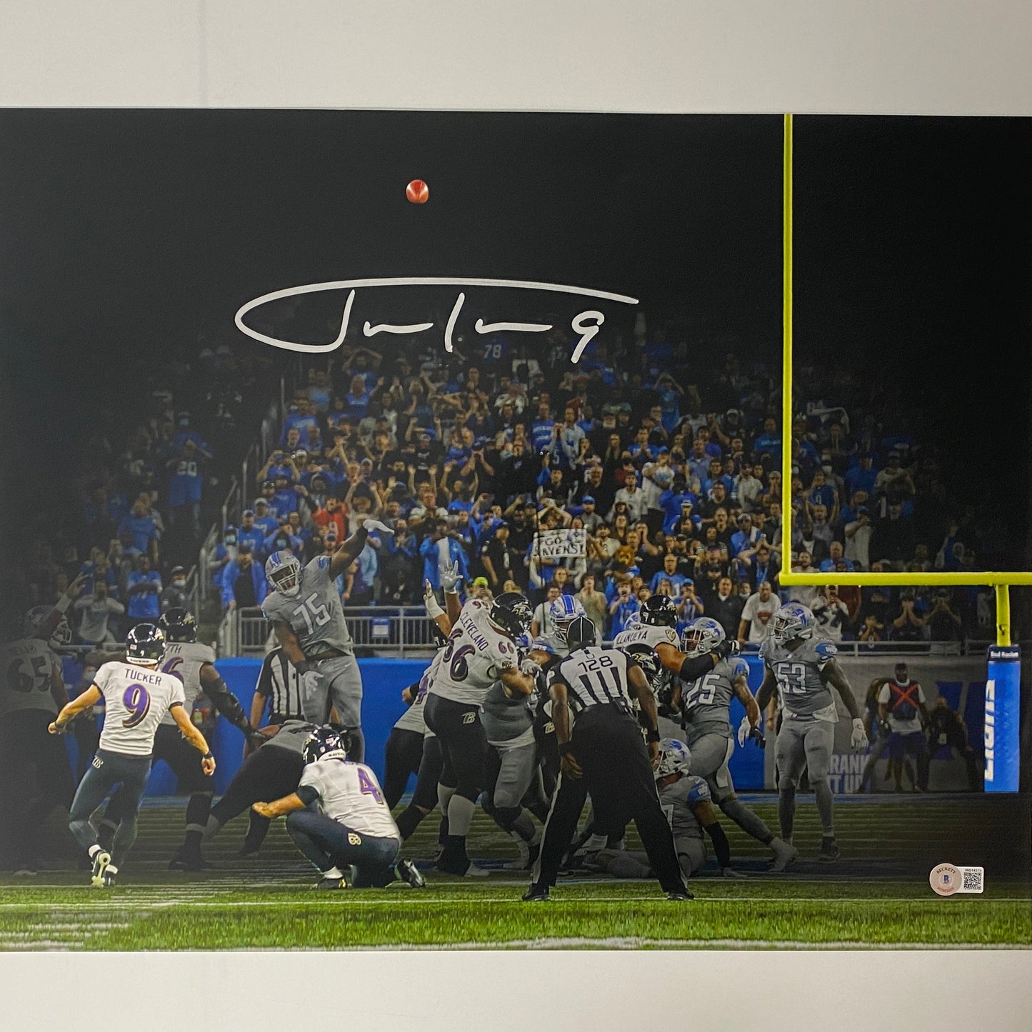 Autographed/Signed Justin Tucker Baltimore Ravens 66 Yd GW FG 16x20 Football Photo Beckett BAS COA