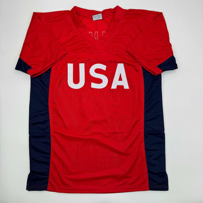 Autographed/Signed Mia Hamm Red Soccer Team USA United States World Cup Jersey Beckett BAS COA