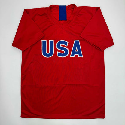 Autographed/Signed Mia Hamm Red Soccer Team USA United States World Cup Jersey Beckett BAS COA