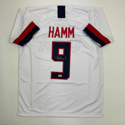 Autographed/Signed Mia Hamm White Soccer Team USA United States World Cup Jersey Beckett BAS COA