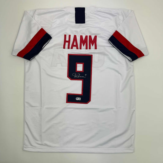 Autographed/Signed Mia Hamm White Soccer Team USA United States World Cup Jersey Beckett BAS COA