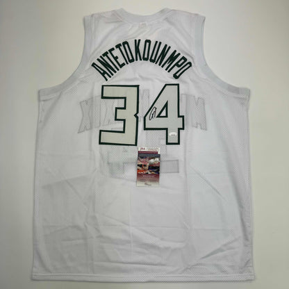 Autographed/Signed Giannis Antetokounmpo Milwaukee White Basketball Jersey JSA COA #2