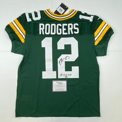 Autographed/Signed Aaron Rodgers SB XLV MVP Green Bay Packers Green Authentic Elite Football Jersey Fanatics COA