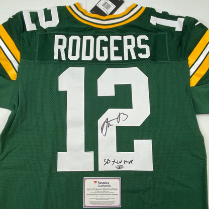 Autographed/Signed Aaron Rodgers SB XLV MVP Green Bay Packers Green Authentic Elite Football Jersey Fanatics COA