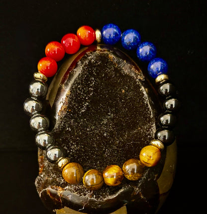 Attract Wealth & Radiate Confidence – Tiger Eye, Lapis & Wood Gemstone Bracelet (Small to Medium Wrists)