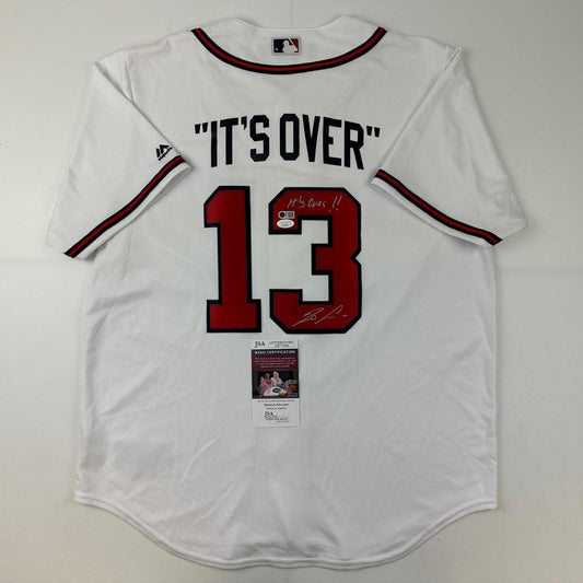 Autographed/Signed Ronald Acuna Jr. It's Over Majestic Atlanta Braves White Baseball Jersey JSA COA