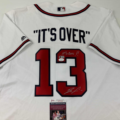 Autographed/Signed Ronald Acuna Jr. It's Over Majestic Atlanta Braves White Baseball Jersey JSA COA