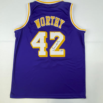Autographed/Signed James Worthy Los Angeles LA Purple Basketball Jersey Steiner COA