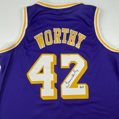 Autographed/Signed James Worthy Los Angeles LA Purple Basketball Jersey Steiner COA