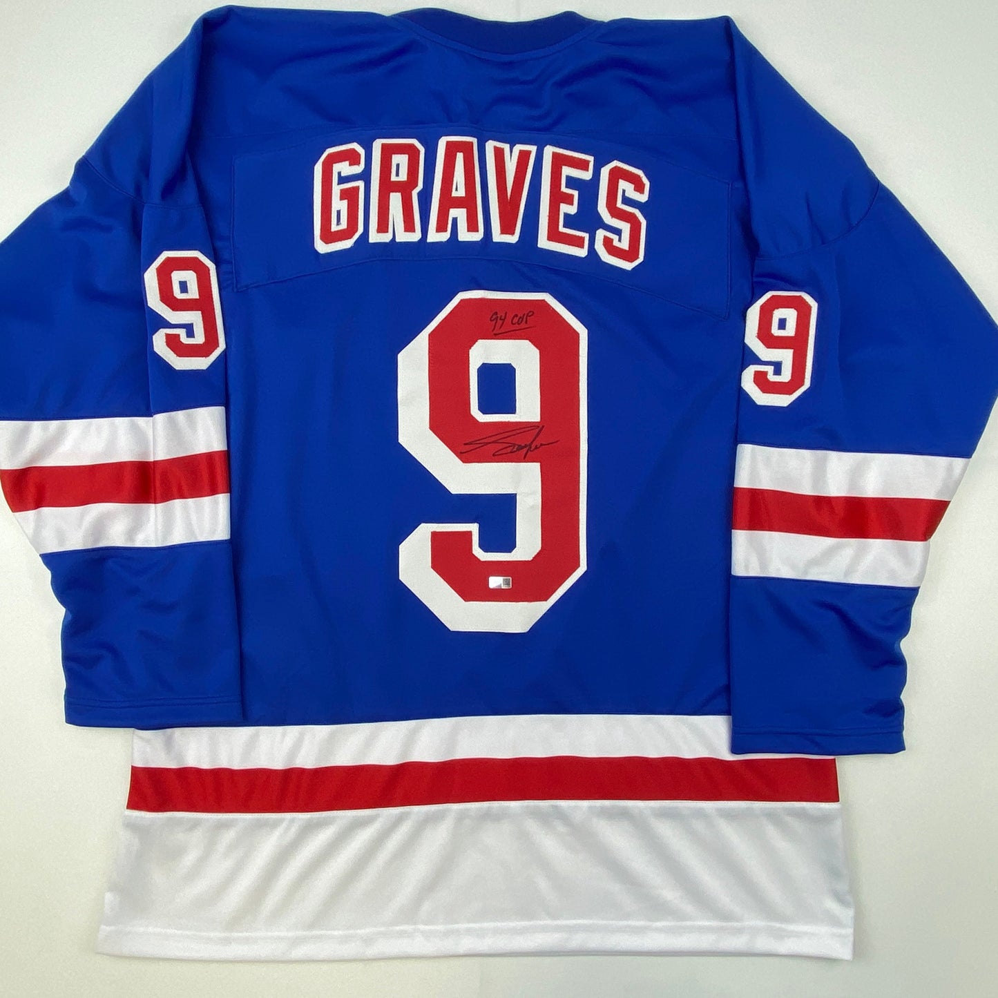 Autographed/Signed Adam Graves 94 Cup New York Blue Hockey Jersey Steiner COA