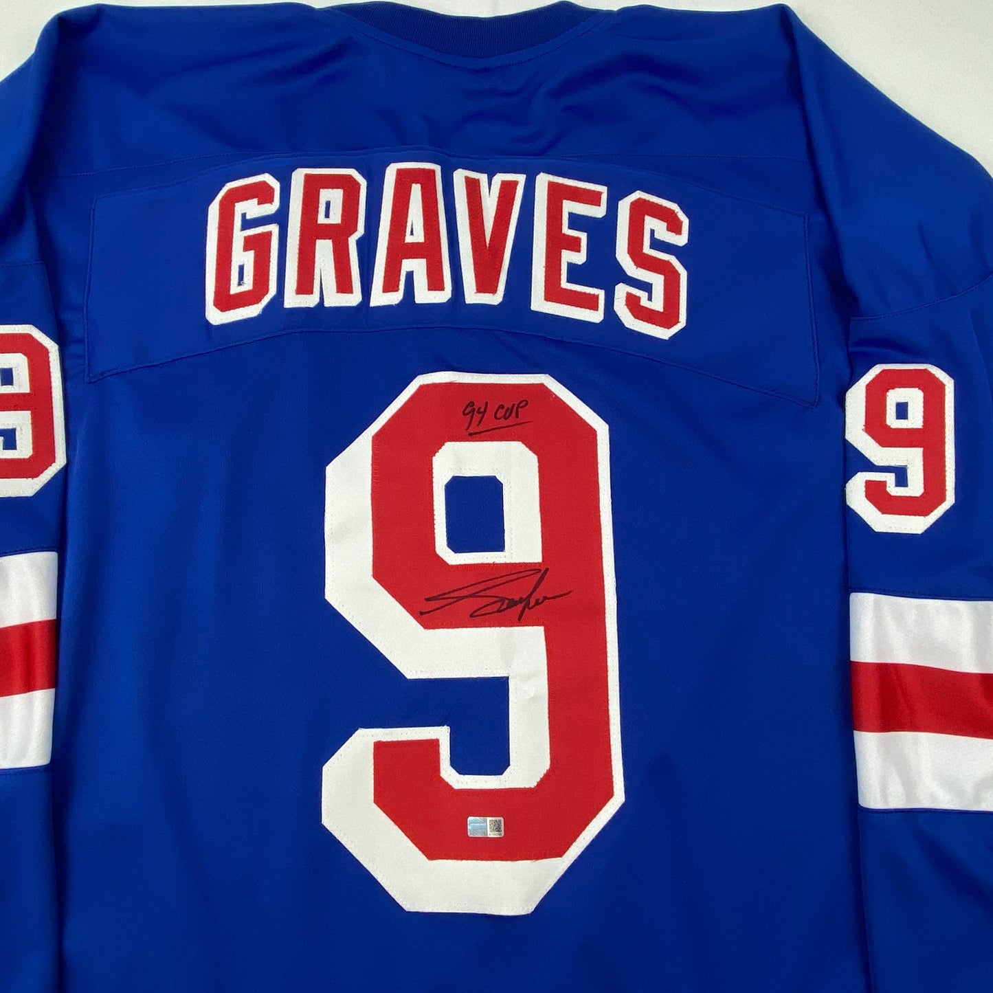 Autographed/Signed Adam Graves 94 Cup New York Blue Hockey Jersey Steiner COA