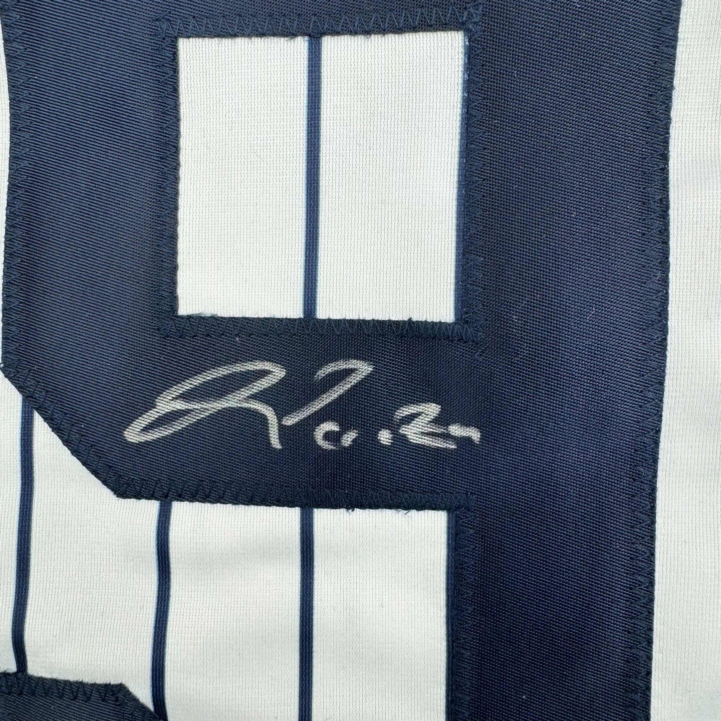 Framed Autographed/Signed Oswald Peraza 35x39 New York Pinstripe Baseball Jersey JSA COA