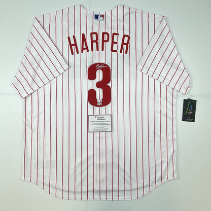 Autographed/Signed Bryce Harper Philadelphia Phillies Pinstripe Replica Baseball Jersey Fanatics & MLB COA