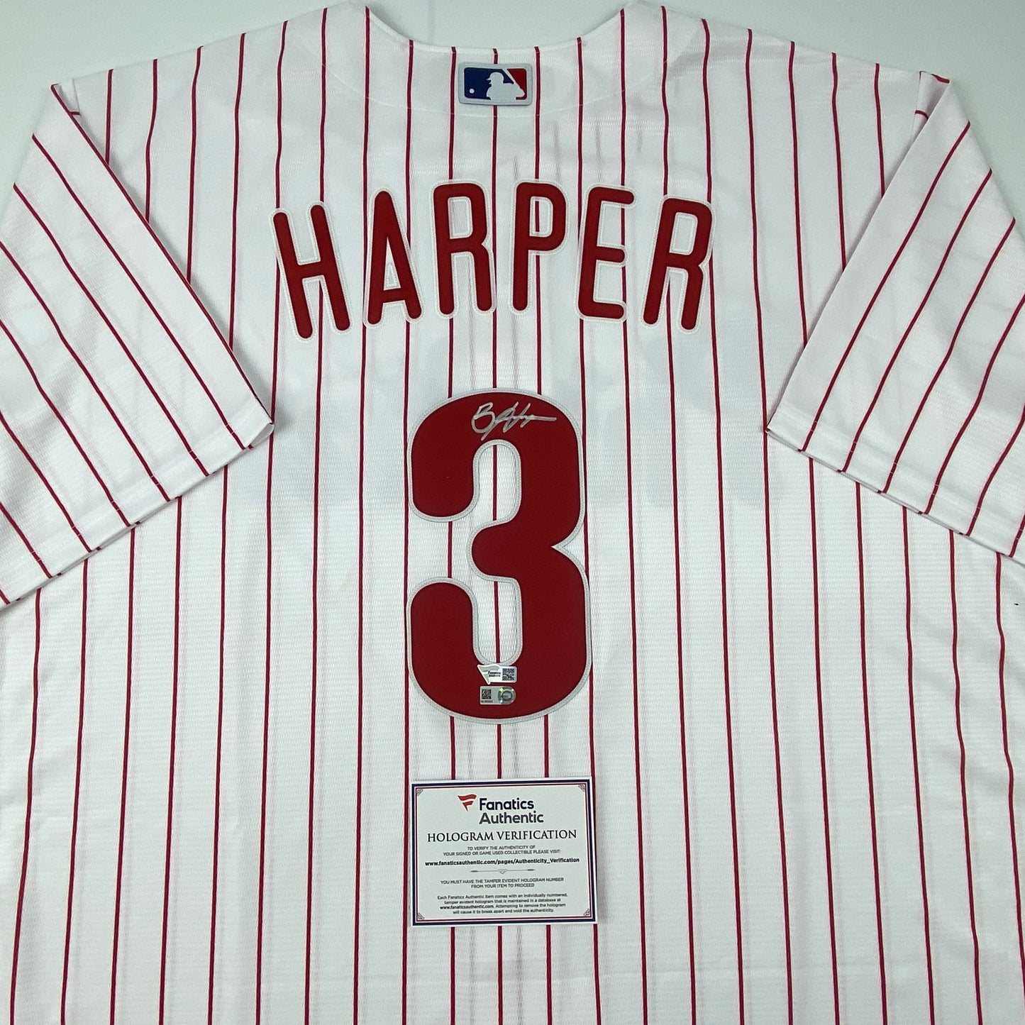 Autographed/Signed Bryce Harper Philadelphia Phillies Pinstripe Replica Baseball Jersey Fanatics & MLB COA