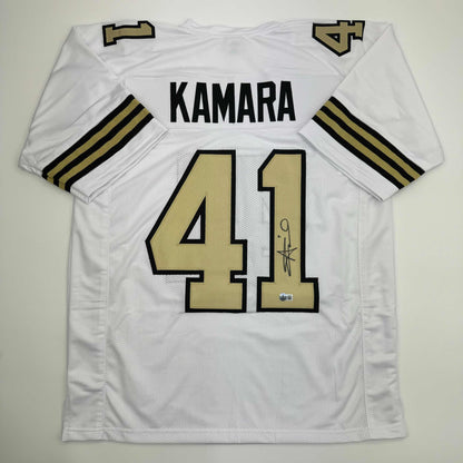 Autographed/Signed Alvin Kamara New Orleans White Color Rush Football Jersey Beckett BAS COA