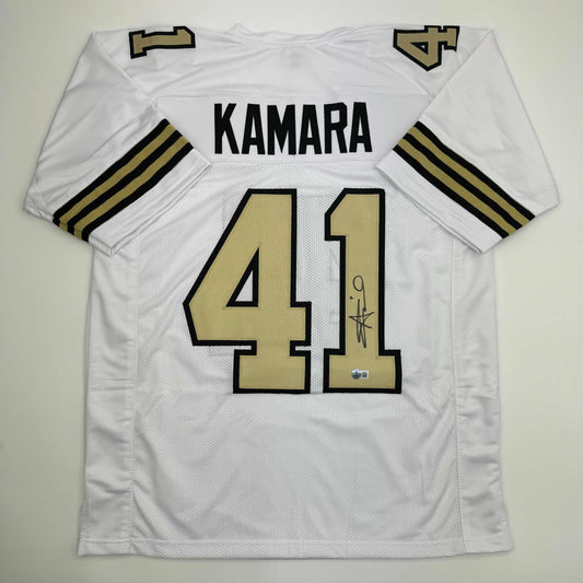 Autographed/Signed Alvin Kamara New Orleans White Color Rush Football Jersey Beckett BAS COA