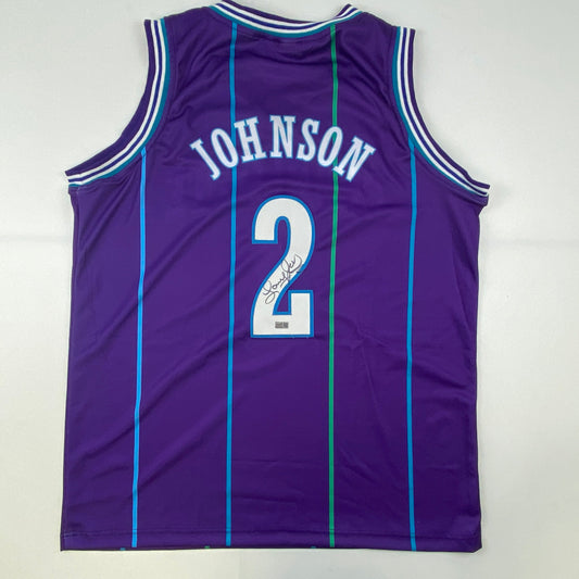 Autographed/Signed Larry Johnson Charlotte Purple Basketball Jersey Steiner COA