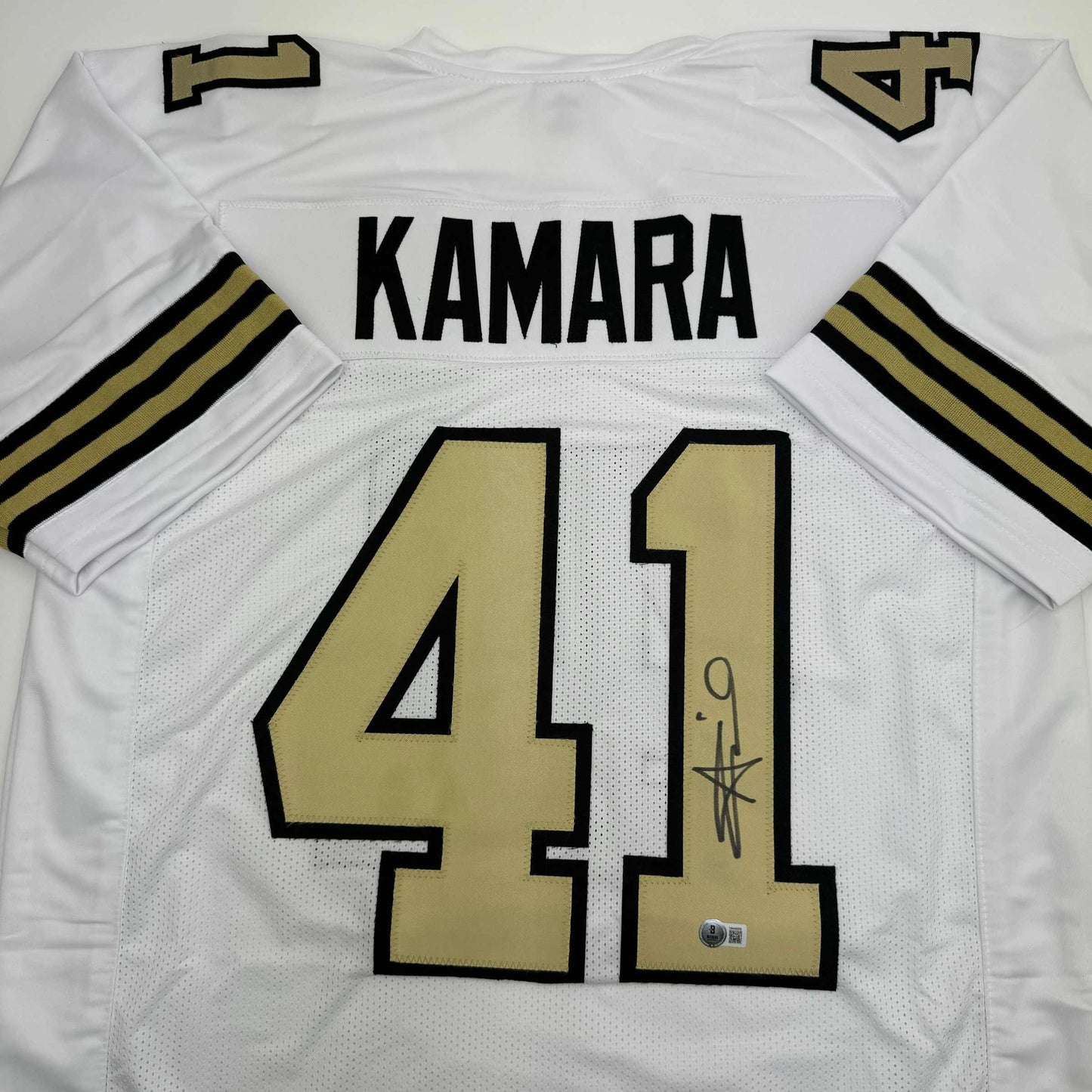 Autographed/Signed Alvin Kamara New Orleans White Color Rush Football Jersey Beckett BAS COA