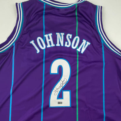 Autographed/Signed Larry Johnson Charlotte Purple Basketball Jersey Steiner COA