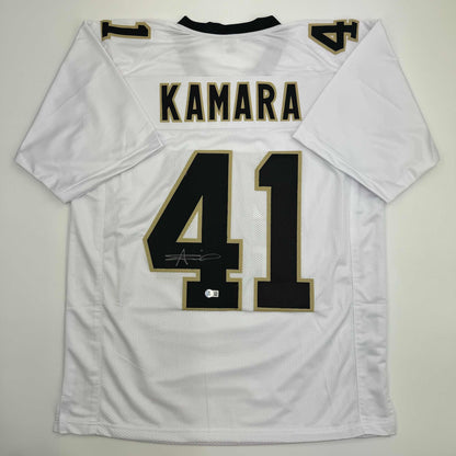 Autographed/Signed Alvin Kamara New Orleans White Football Jersey Beckett BAS COA