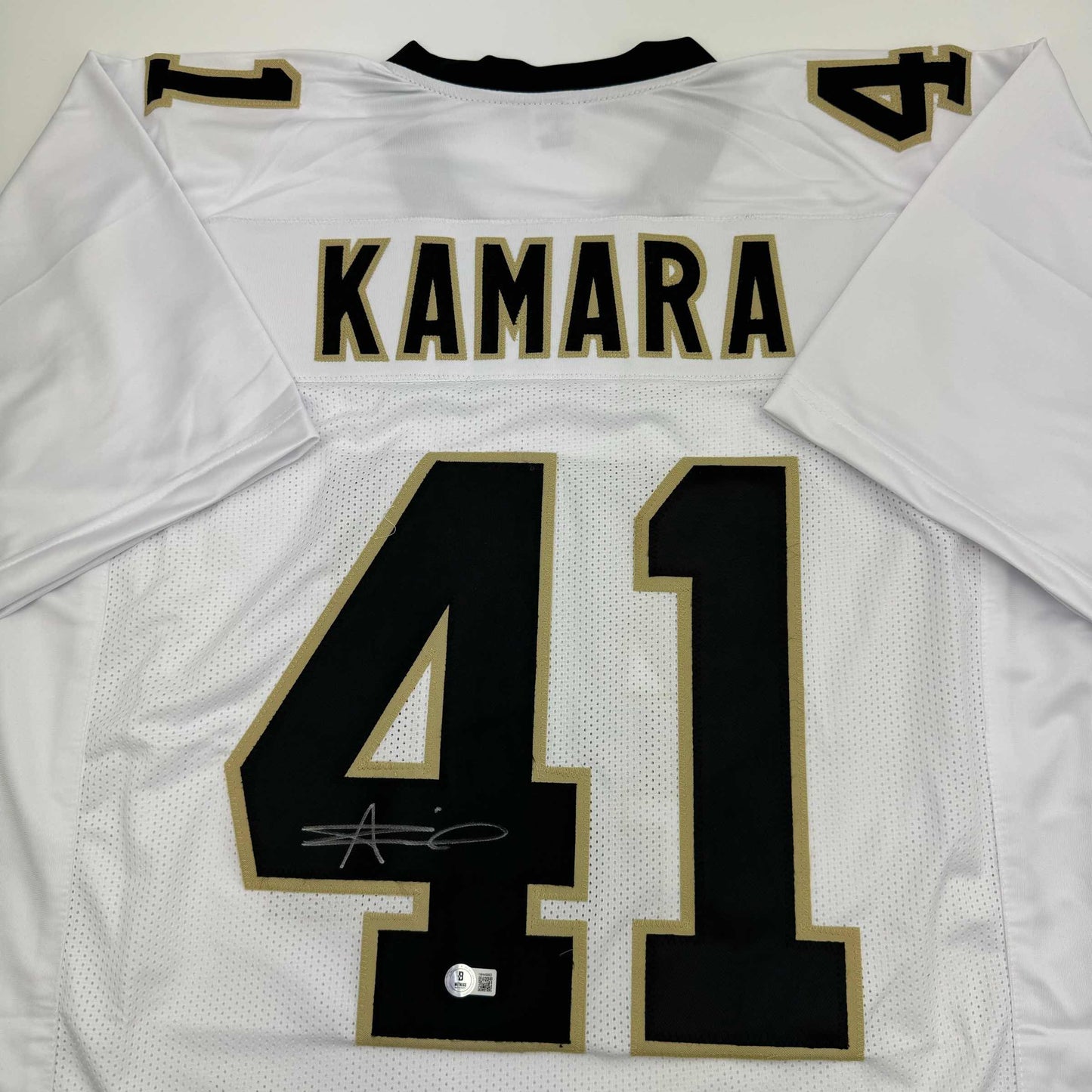 Autographed/Signed Alvin Kamara New Orleans White Football Jersey Beckett BAS COA