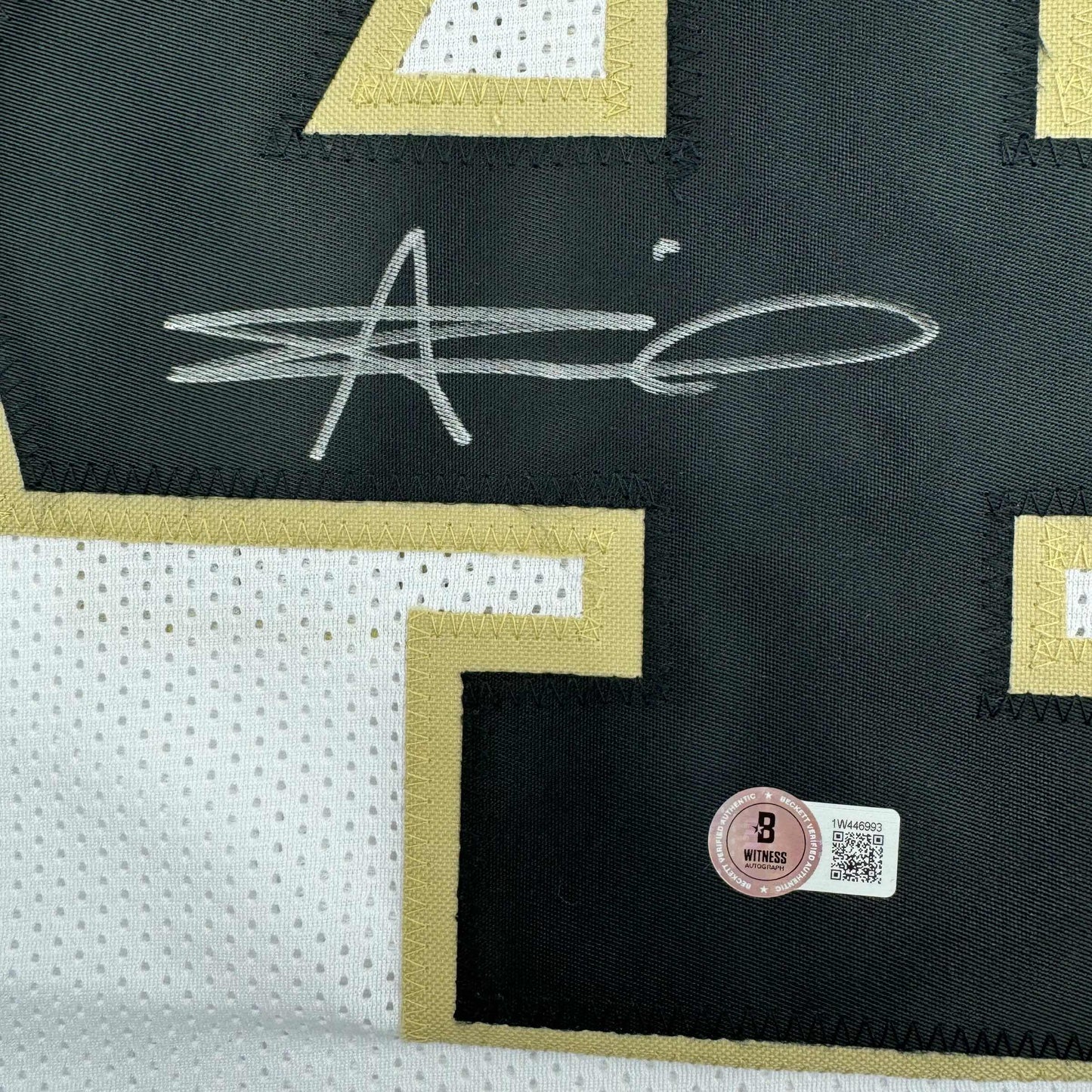 Autographed/Signed Alvin Kamara New Orleans White Football Jersey Beckett BAS COA